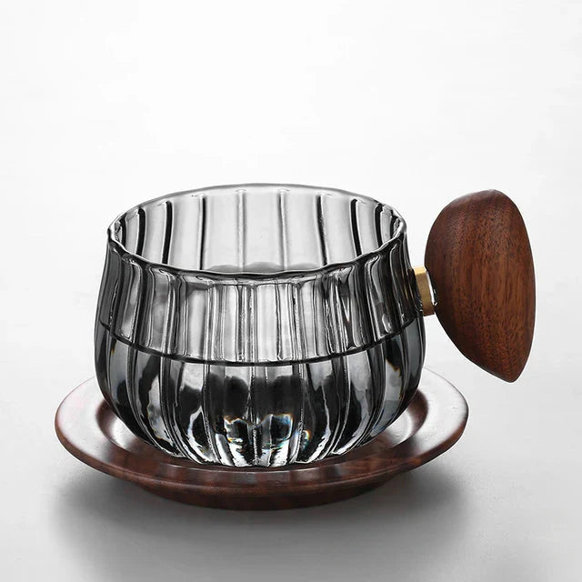 Striped Heat Resistant Silicon Glass Coffee Mug with Wooden Handle | Bowlift