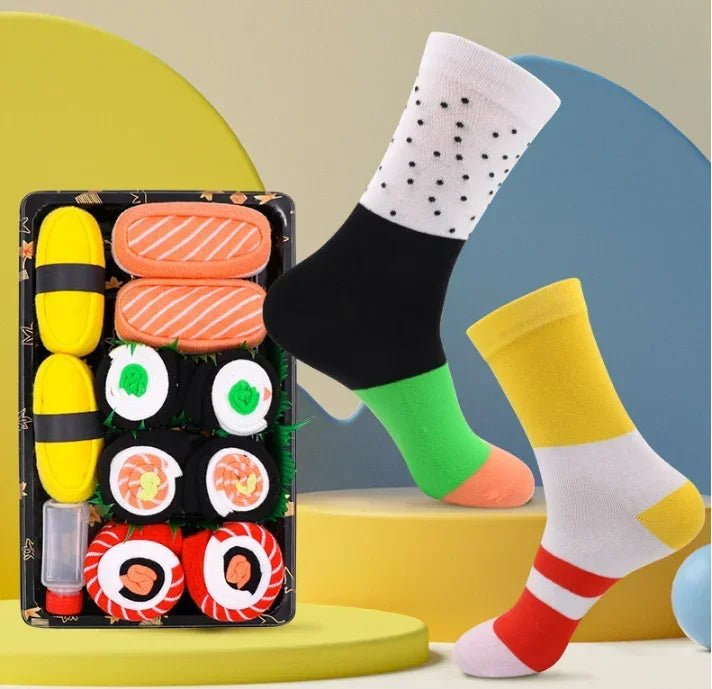BowLift | Sushi Mid-Calf Socks Gift Set – 3-Pair Harajuku Cotton Socks with Playful Pizza, Burger & Sushi Designs, Perfect for Christmas or Birthday Surprises