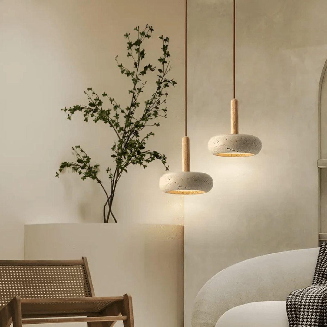 BowLift | TranquilHalo – LED Retro Ceiling Light in Stone & Wood