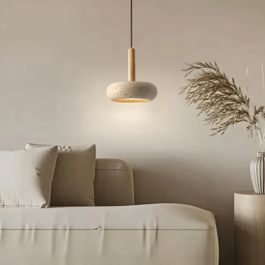 BowLift | TranquilHalo – LED Retro Ceiling Light in Stone & Wood