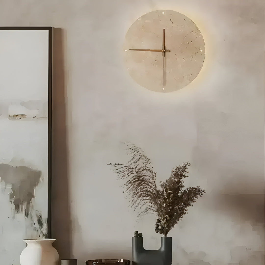Travertine Wall Clock with LED Light – Minimalistic & Decorative | High-Quality Natural Stone Clock | Bowlift