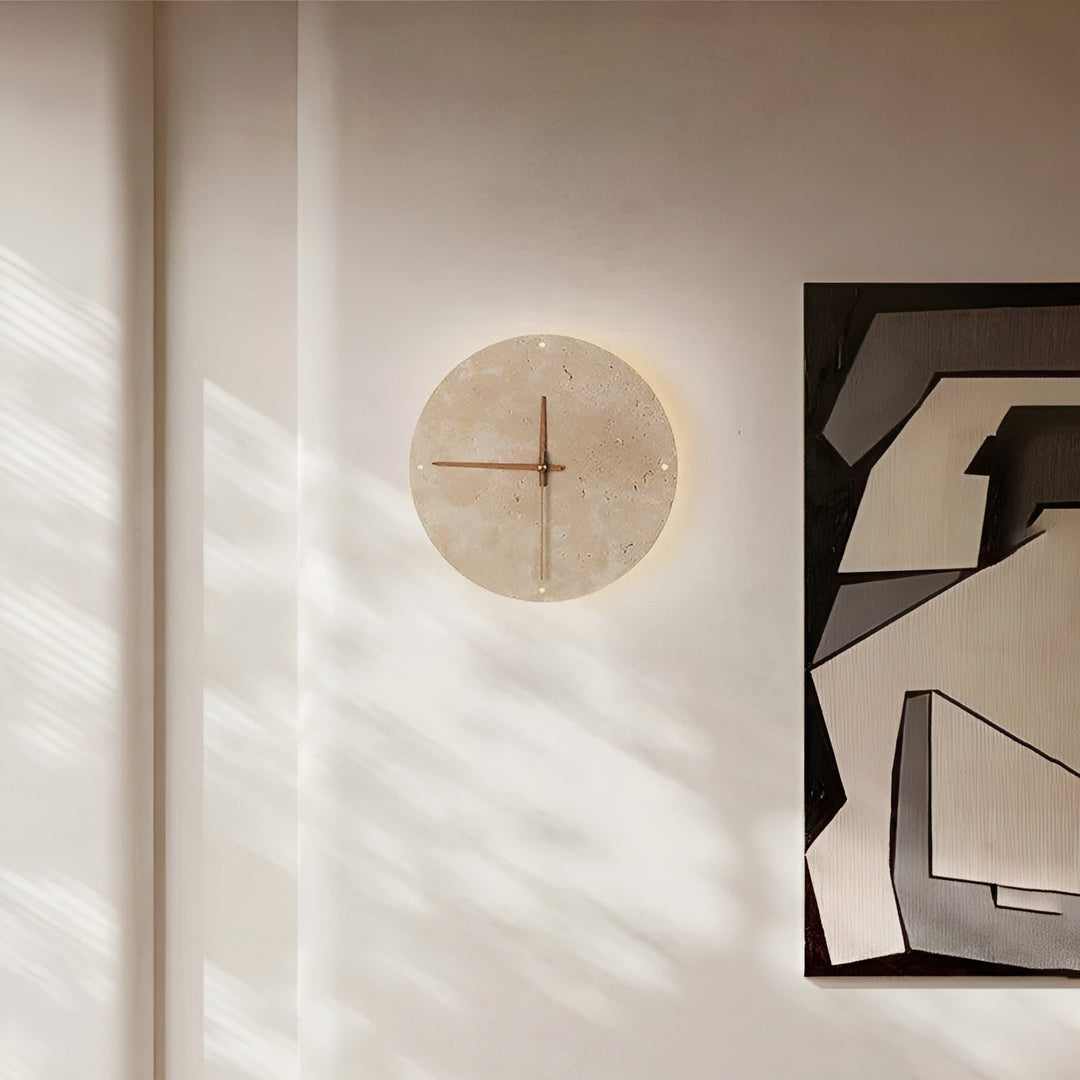 Travertine Wall Clock with LED Light – Minimalistic & Decorative | High-Quality Natural Stone Clock | Bowlift