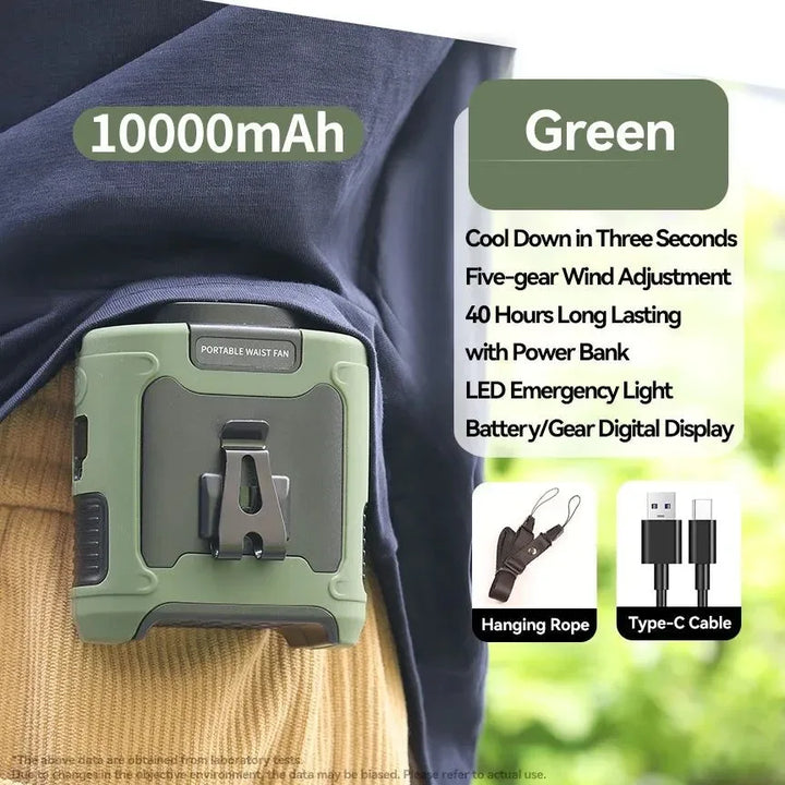 10000mAh Portable Outdoor Waist Fan – Hanging Neck & Strong Wind with Power Bank & LED Lighting | Bowlift