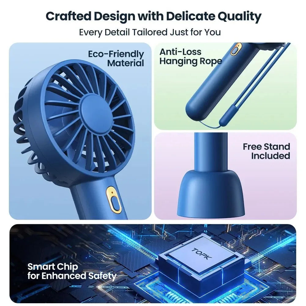 1800mAh Rechargeable Mini Portable Fan - USB Personal Handheld Electric Fan with 3 Speeds for Room, Camping, and Indoor Use | Bowlift