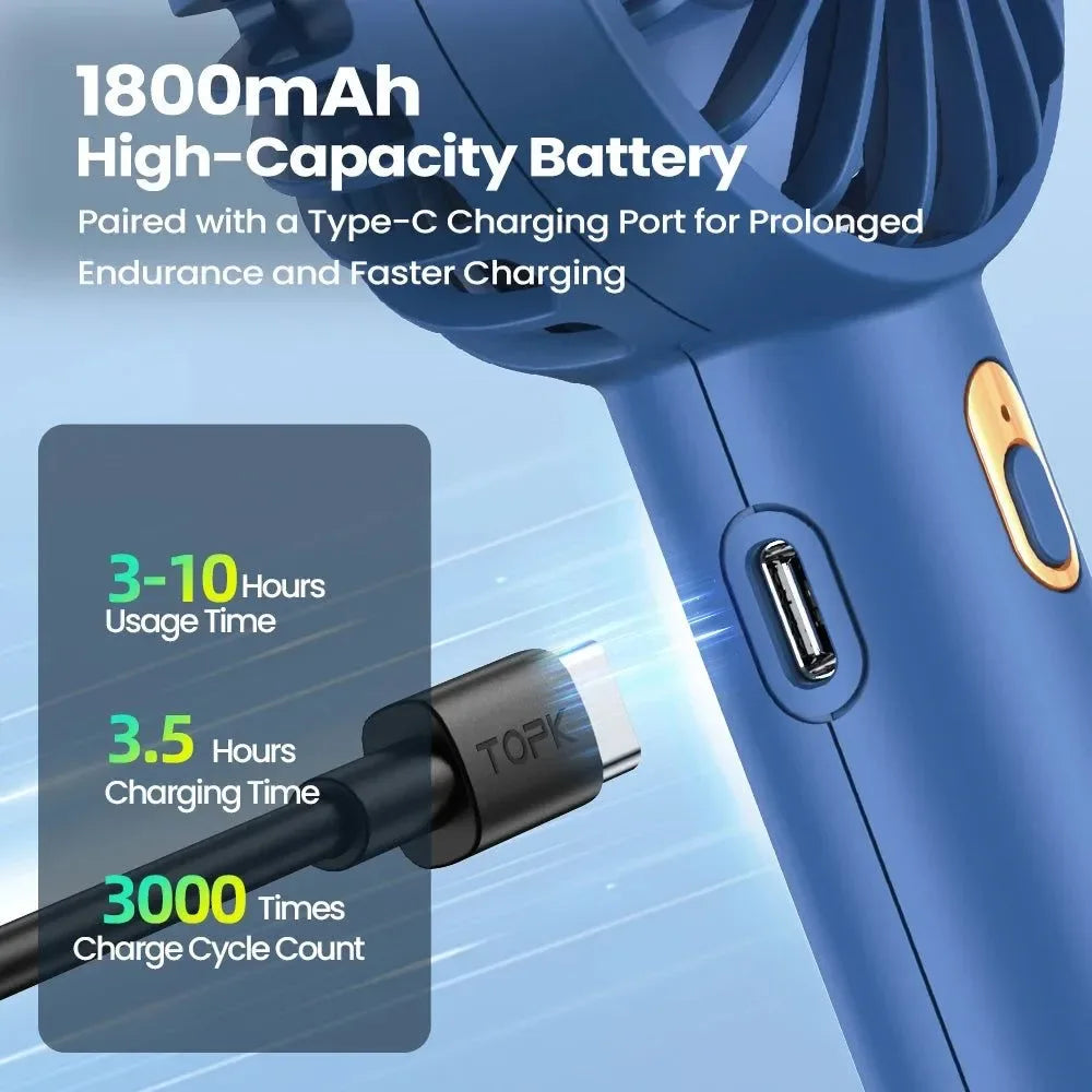 1800mAh Rechargeable Mini Portable Fan - USB Personal Handheld Electric Fan with 3 Speeds for Room, Camping, and Indoor Use | Bowlift