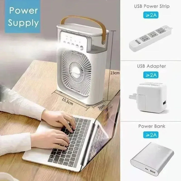 3-in-1 Portable Air Cooler with LED Lights – USB-Powered Desktop Fan, Humidifier & Night Light | Bowlift