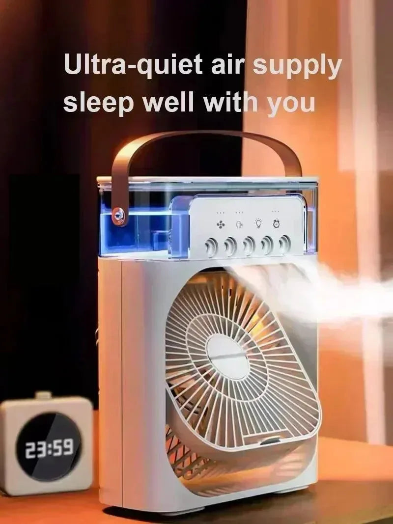 3-in-1 Portable Air Cooler with LED Lights – USB-Powered Desktop Fan, Humidifier & Night Light | Bowlift