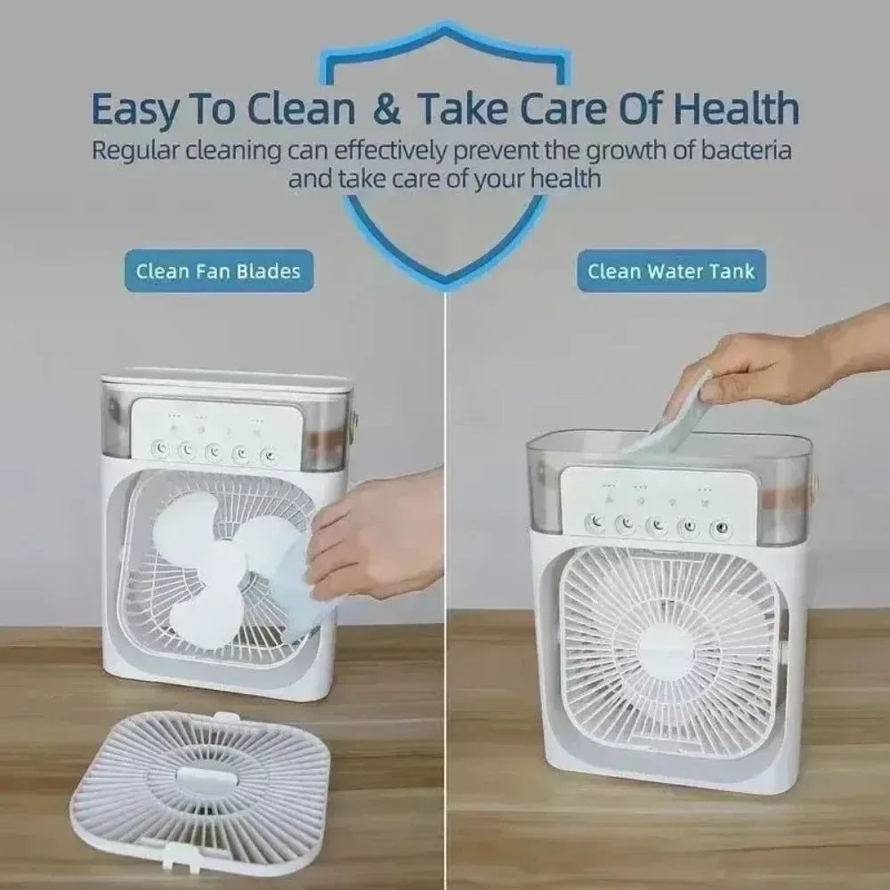 3-in-1 Portable Air Cooler with LED Lights – USB-Powered Desktop Fan, Humidifier & Night Light | Bowlift