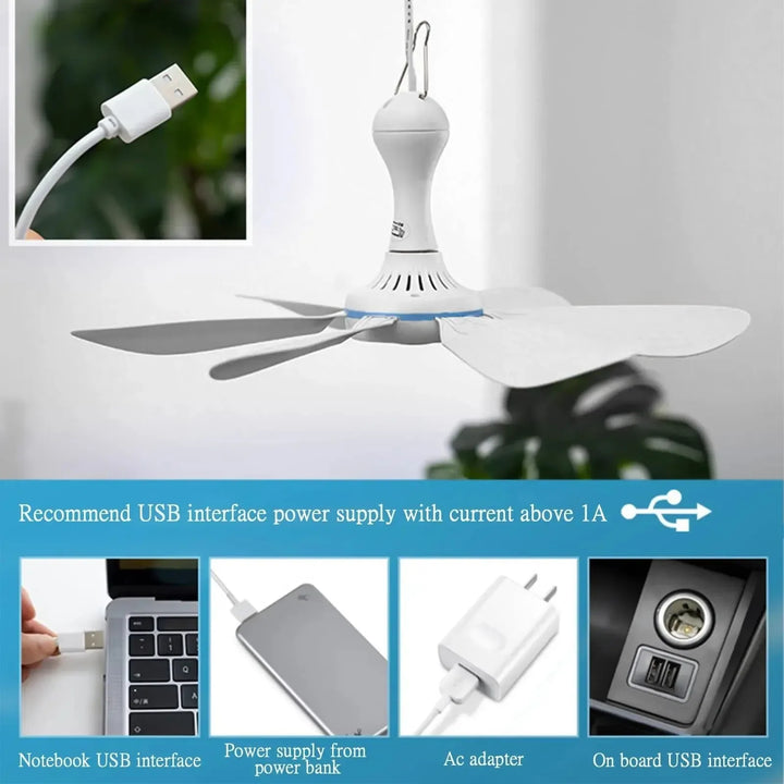 USB-Powered 6-Blade Ceiling Fan with Remote – Silent Hanging Fan for Camping & Bedrooms | Bowlift