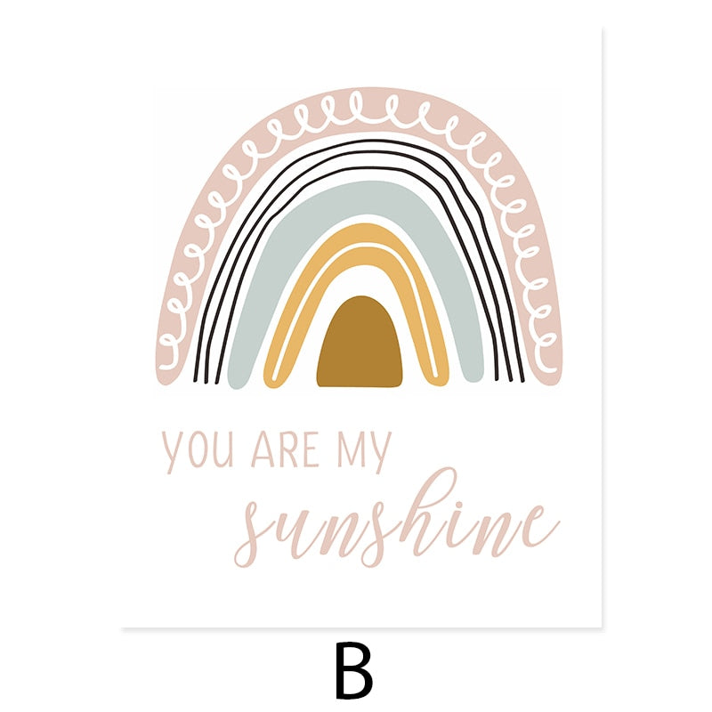 Boho Pink Rainbow Clouds Sunshine Nursery - Canvas Wall Art Print | Bowlift