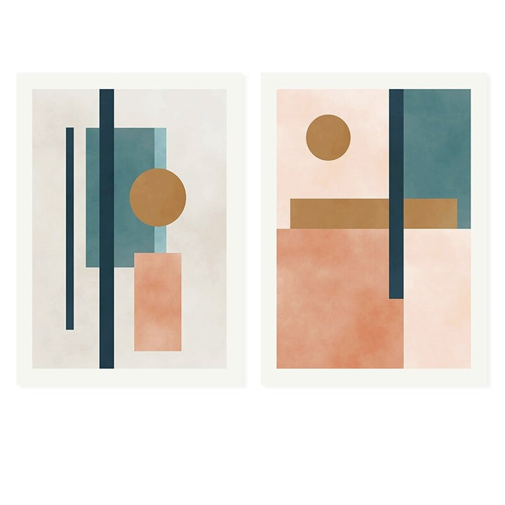 Modern Abstract Beige Pink Blue Geometric Shapes - Canvas Wall Art Print | Bowlift