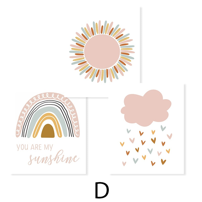 Boho Pink Rainbow Clouds Sunshine Nursery - Canvas Wall Art Print | Bowlift