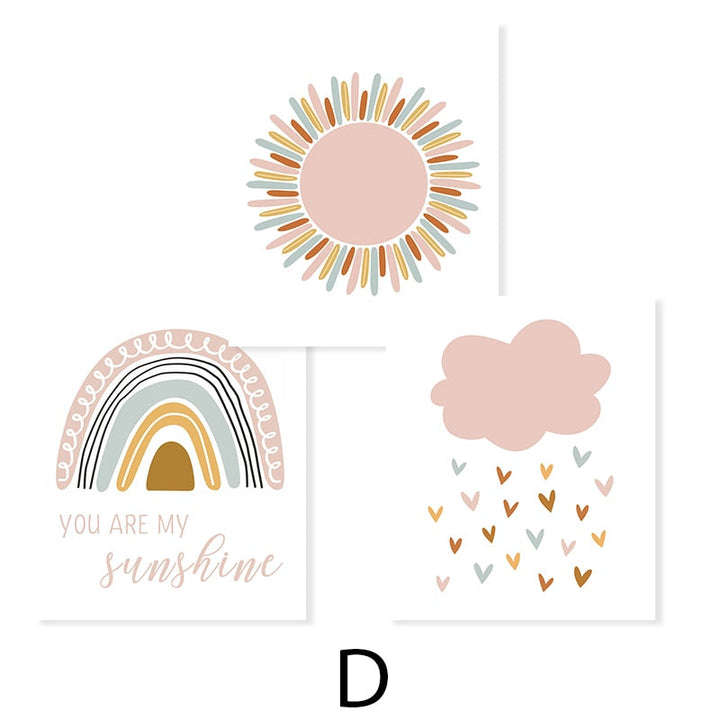 Boho Pink Rainbow Clouds Sunshine Nursery - Canvas Wall Art Print | Bowlift