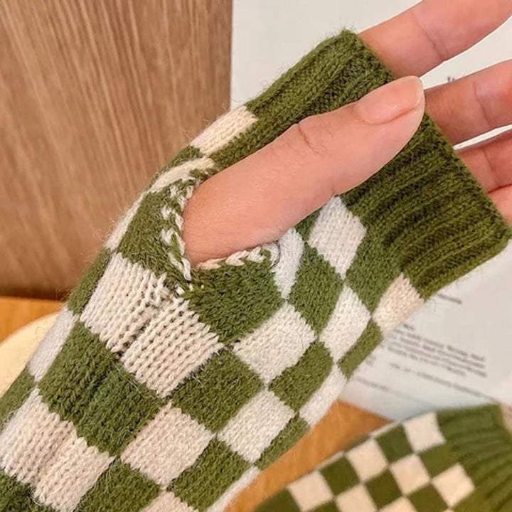 BowLift | Women’s Checkered Winter Gloves – Warm Fingerless Knit Plaid Design