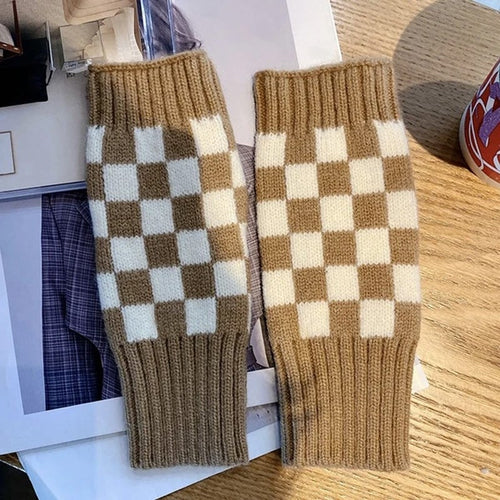 BowLift | Women’s Checkered Winter Gloves – Warm Fingerless Knit Plaid Design