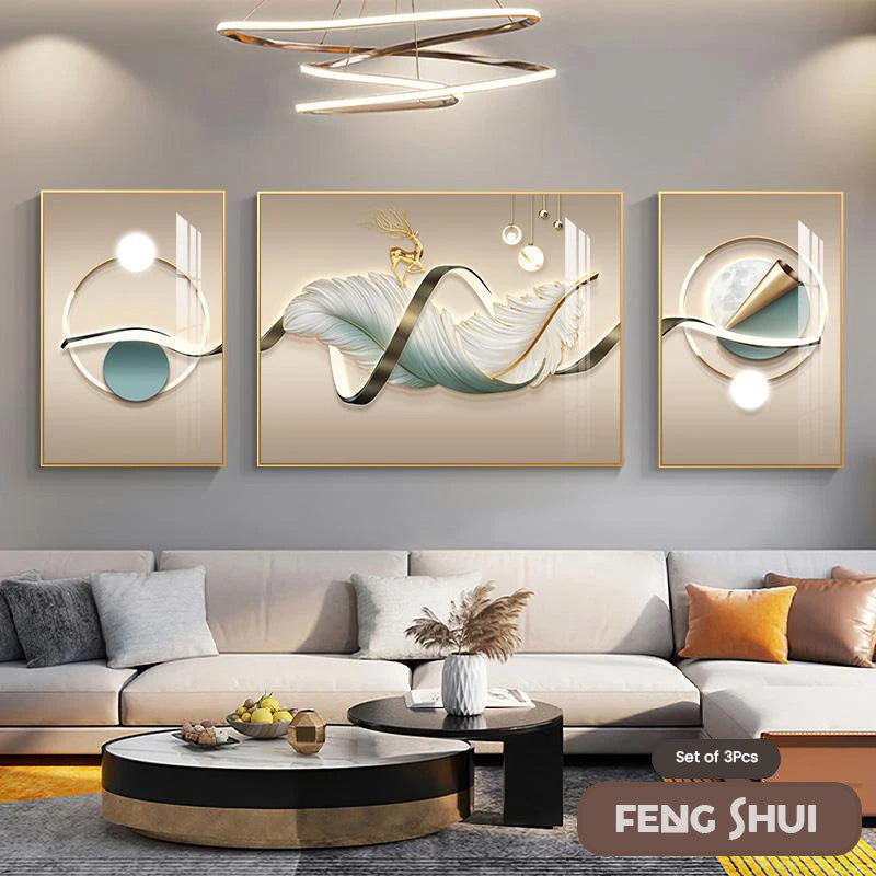 Set of 3 Pcs Modern Aesthetics Triptych Light Luxury Feather Abstract Wall Art Fine Art Canvas Prints Feng Shui Pictures For Modern Living Room | Bowlift