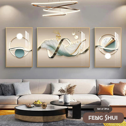 Set of 3 Pcs Modern Aesthetics Triptych Light Luxury Feather Abstract Wall Art Fine Art Canvas Prints Feng Shui Pictures For Modern Living Room | Bowlift