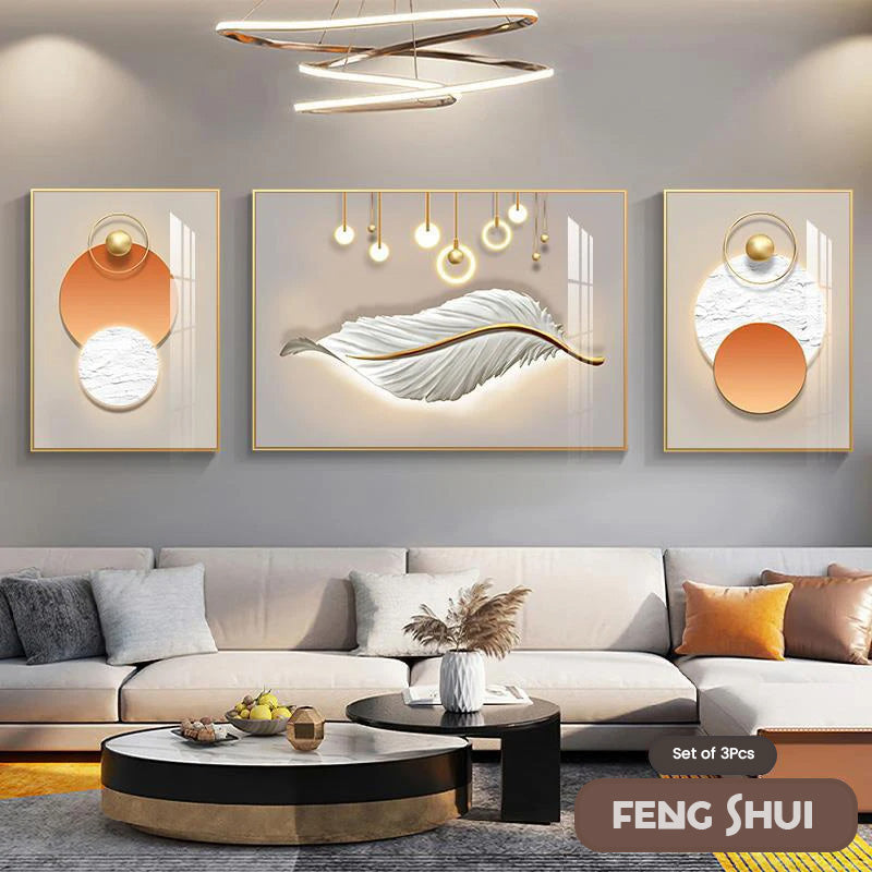 Set of 3 Pcs Modern Aesthetics Triptych Light Luxury Feather Abstract Wall Art Fine Art Canvas Prints Feng Shui Pictures For Modern Living Room | Bowlift