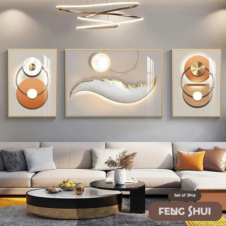 Set of 3 Pcs Modern Aesthetics Triptych Light Luxury Feather Abstract Wall Art Fine Art Canvas Prints Feng Shui Pictures For Modern Living Room | Bowlift