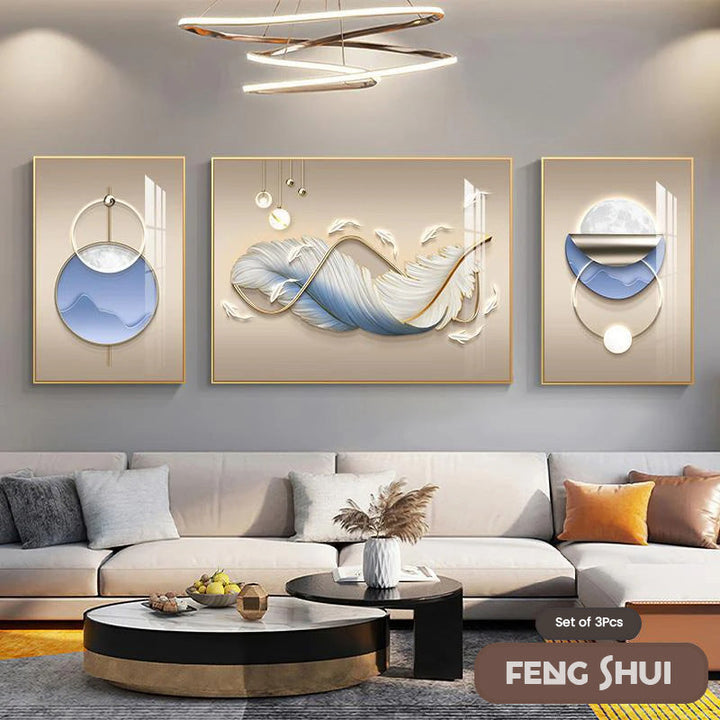Set of 3 Pcs Modern Aesthetics Triptych Light Luxury Feather Abstract Wall Art Fine Art Canvas Prints Feng Shui Pictures For Modern Living Room | Bowlift