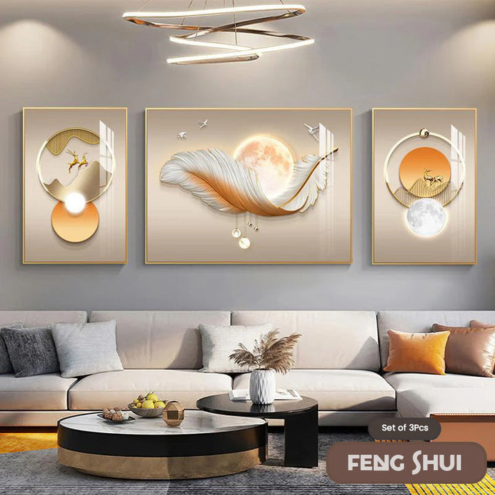Set of 3 Pcs Modern Aesthetics Triptych Light Luxury Feather Abstract Wall Art Fine Art Canvas Prints Feng Shui Pictures For Modern Living Room | Bowlift