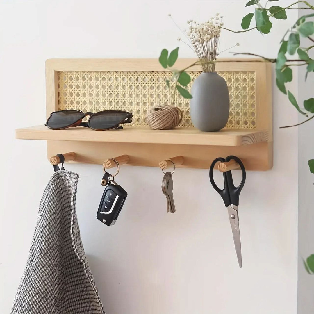 BowLift | Rustic Wooden Wall Shelf with 4 Hooks
