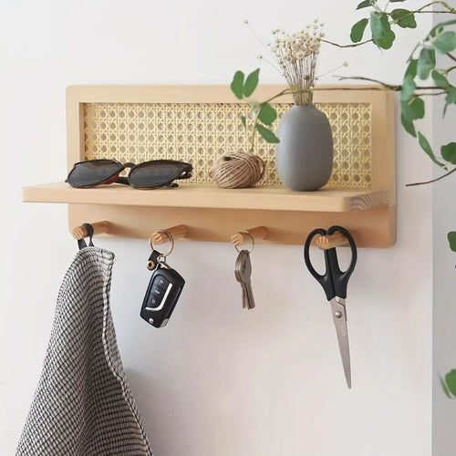 BowLift | Rustic Wooden Wall Shelf with 4 Hooks