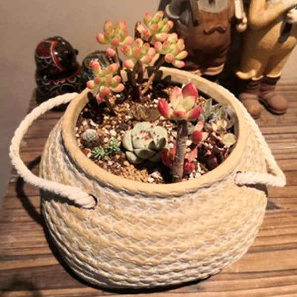 BowLift | Ceramic Plant Pot in Hemp Bag Design with Rope Handles – Decorative Flower Pot for Garden and Home