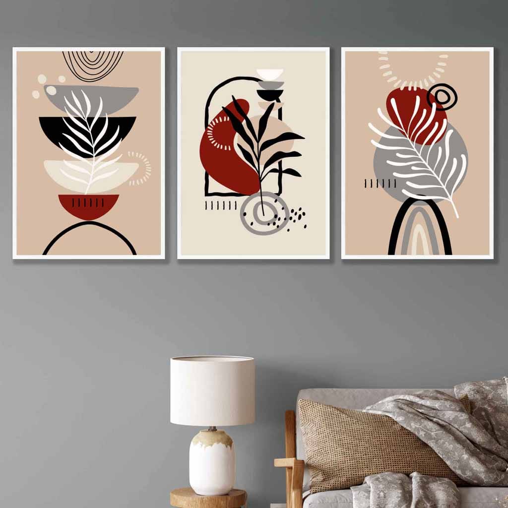Boho Flower Set of 3 Wall Art Prints in Black Beige Red and Gray | Bowlift