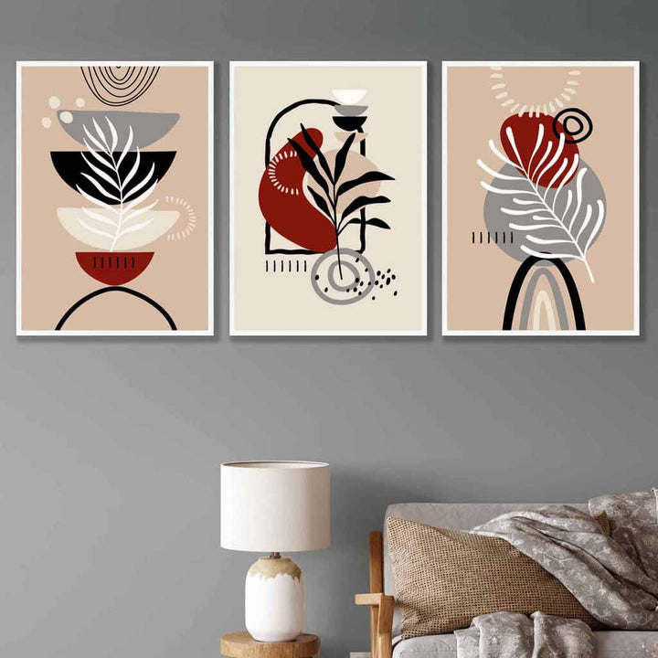 Boho Flower Set of 3 Wall Art Prints in Black Beige Red and Gray | Bowlift