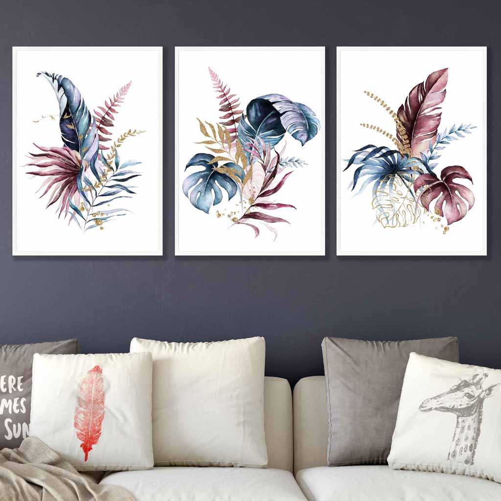 Botanical set with 3 pink and blue floral wall art framed prints | Bowlift