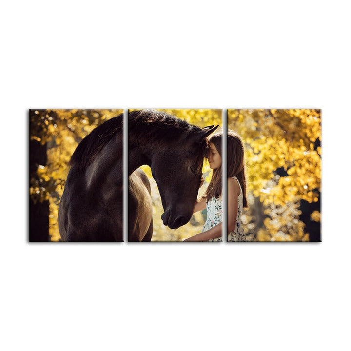 Friendship Between a Girl and Horse-Canvas Wall Art Painting 3 Pieces | Bowlift
