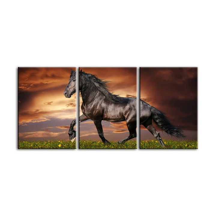 Running Black Horse-Canvas Wall Art Painting 3 Pieces | Bowlift