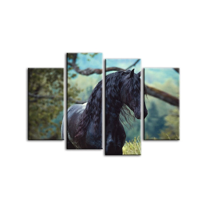 4 Piece Black Horse In Forest - Canvas Wall Art Painting | Bowlift