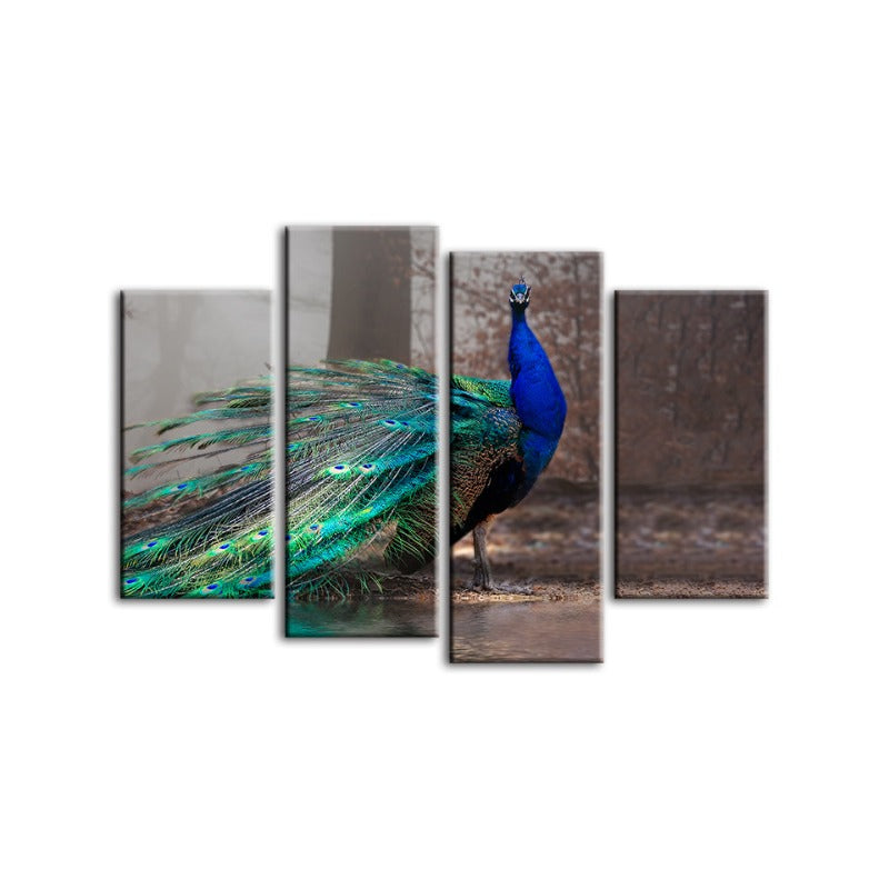 4 Piece Vivid Peacock by the Pond - Canvas Wall Art Painting | Bowlift