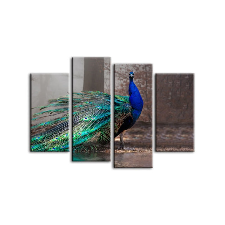 4 Piece Vivid Peacock by the Pond - Canvas Wall Art Painting | Bowlift