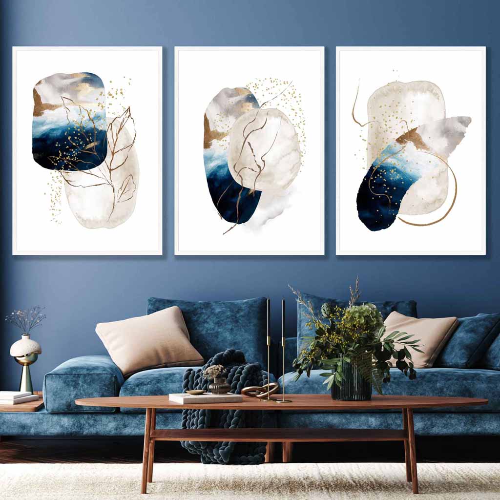 Abstract Textured Navy Blue, Ivory and Gold Set of 3 Wall Art Prints | Bowlift