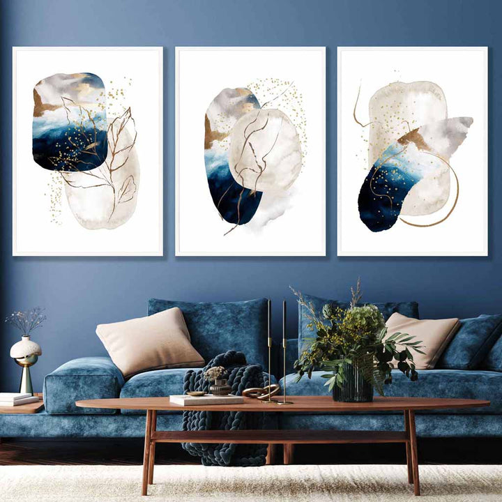 Abstract Textured Navy Blue, Ivory and Gold Set of 3 Wall Art Prints | Bowlift
