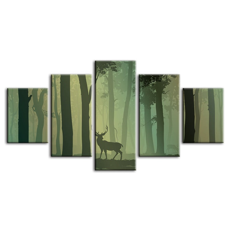 5 Piece Enchanted Green Silhouetted Deer - Canvas Wall Art Painting | Bowlift