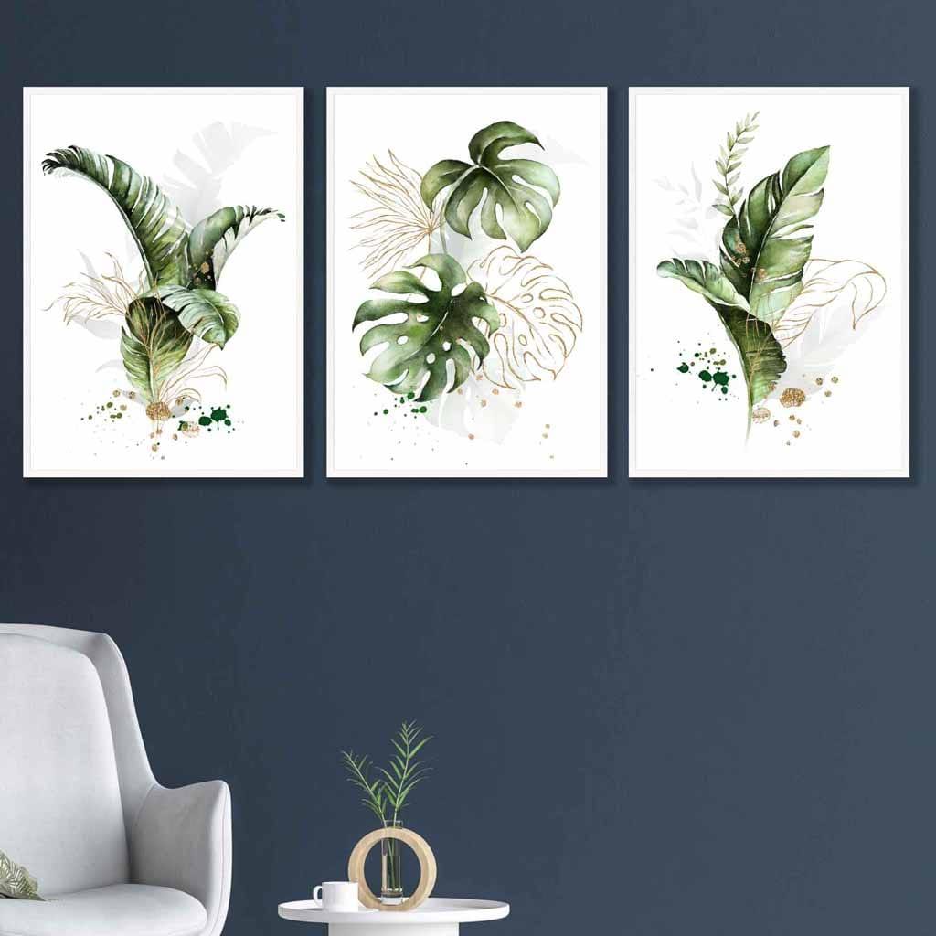 Botanical set of 3 green and golden floral wall art prints | Bowlift