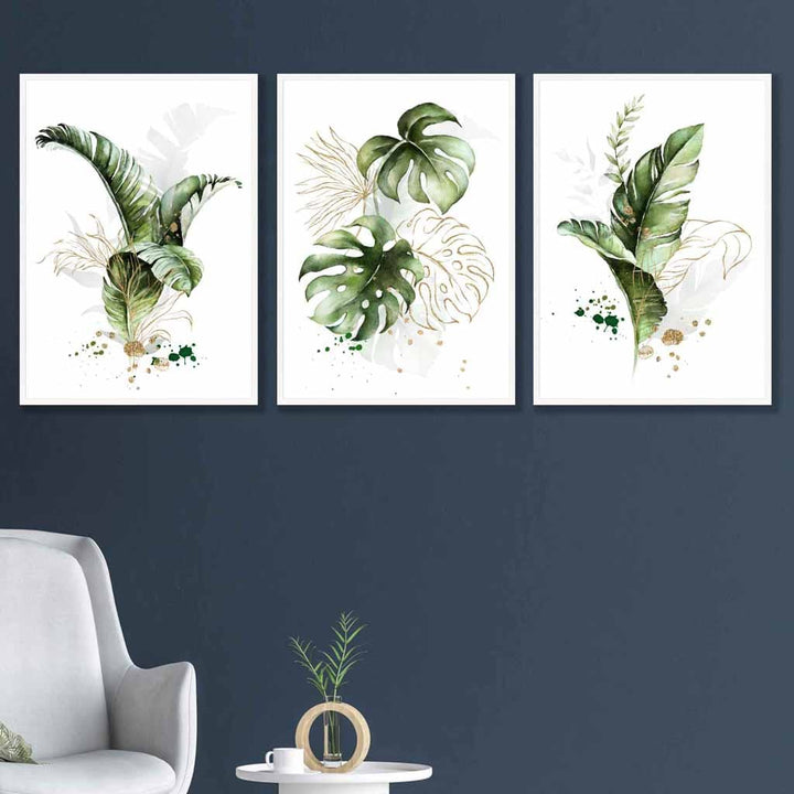 Botanical set of 3 green and golden floral wall art prints | Bowlift