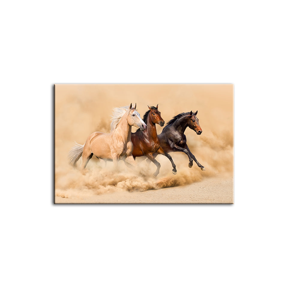 Three Running Horses in Desert - Canvas Wall Art Painting | Bowlift