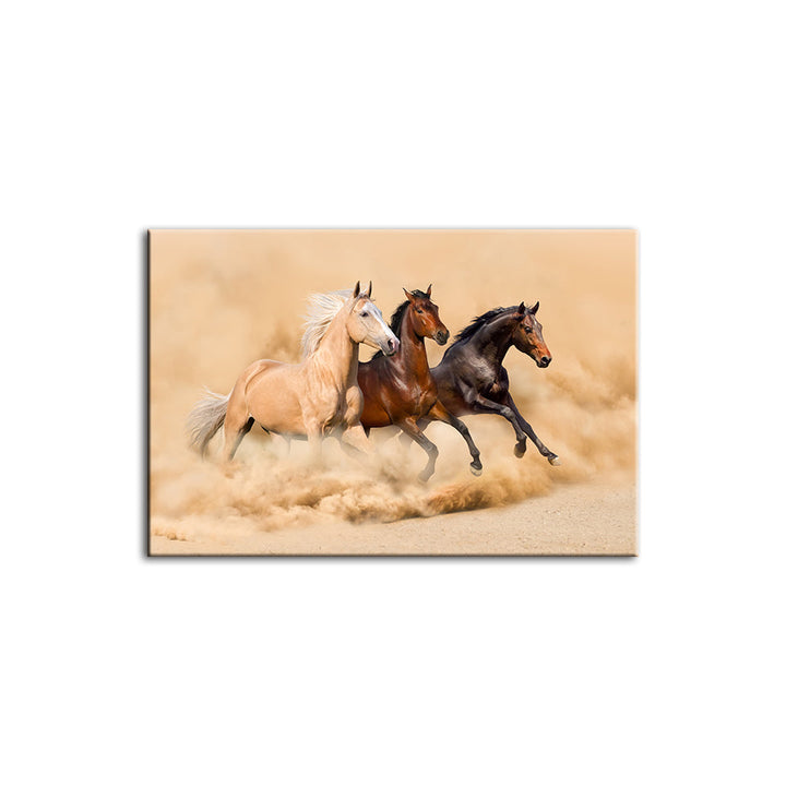 Three Running Horses in Desert - Canvas Wall Art Painting | Bowlift