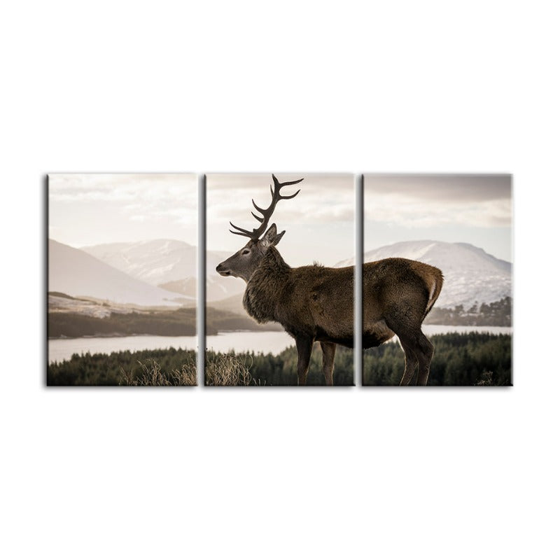 Somber Winter Deer-Canvas Wall Art Painting 3 Pieces | Bowlift