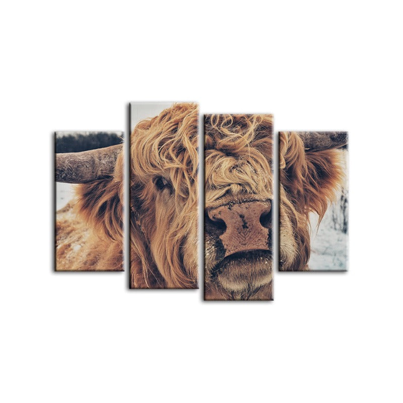 4 Piece Close Up Brown Cow - Canvas Wall Art Painting | Bowlift