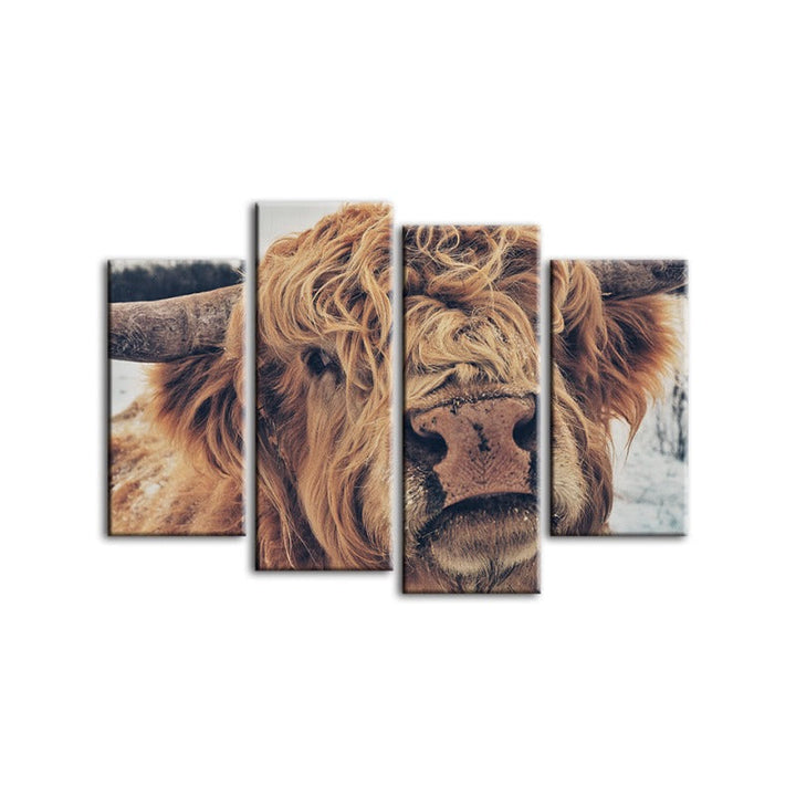 4 Piece Close Up Brown Cow - Canvas Wall Art Painting | Bowlift