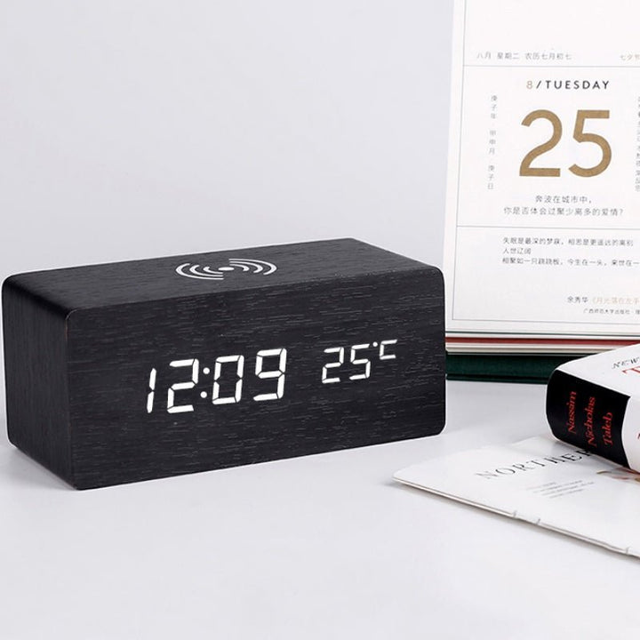 BowLift | Wood Electric Alarm Clock with Wireless Charging Pad
